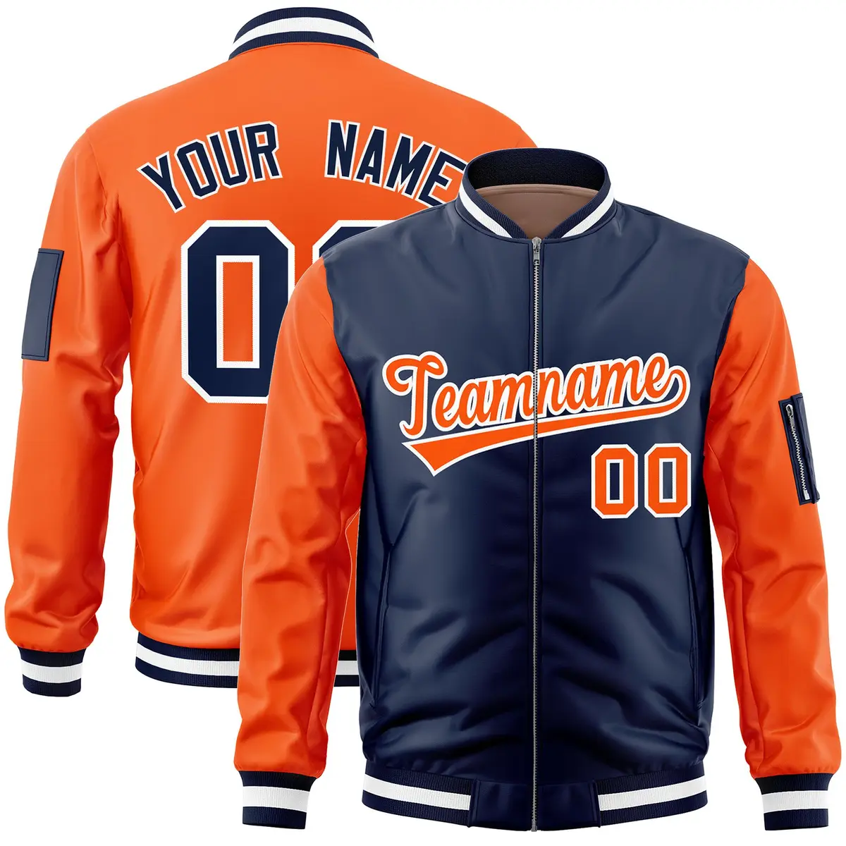 Navy Orange Two-Tone Varsity Letterman Bomber Jacket