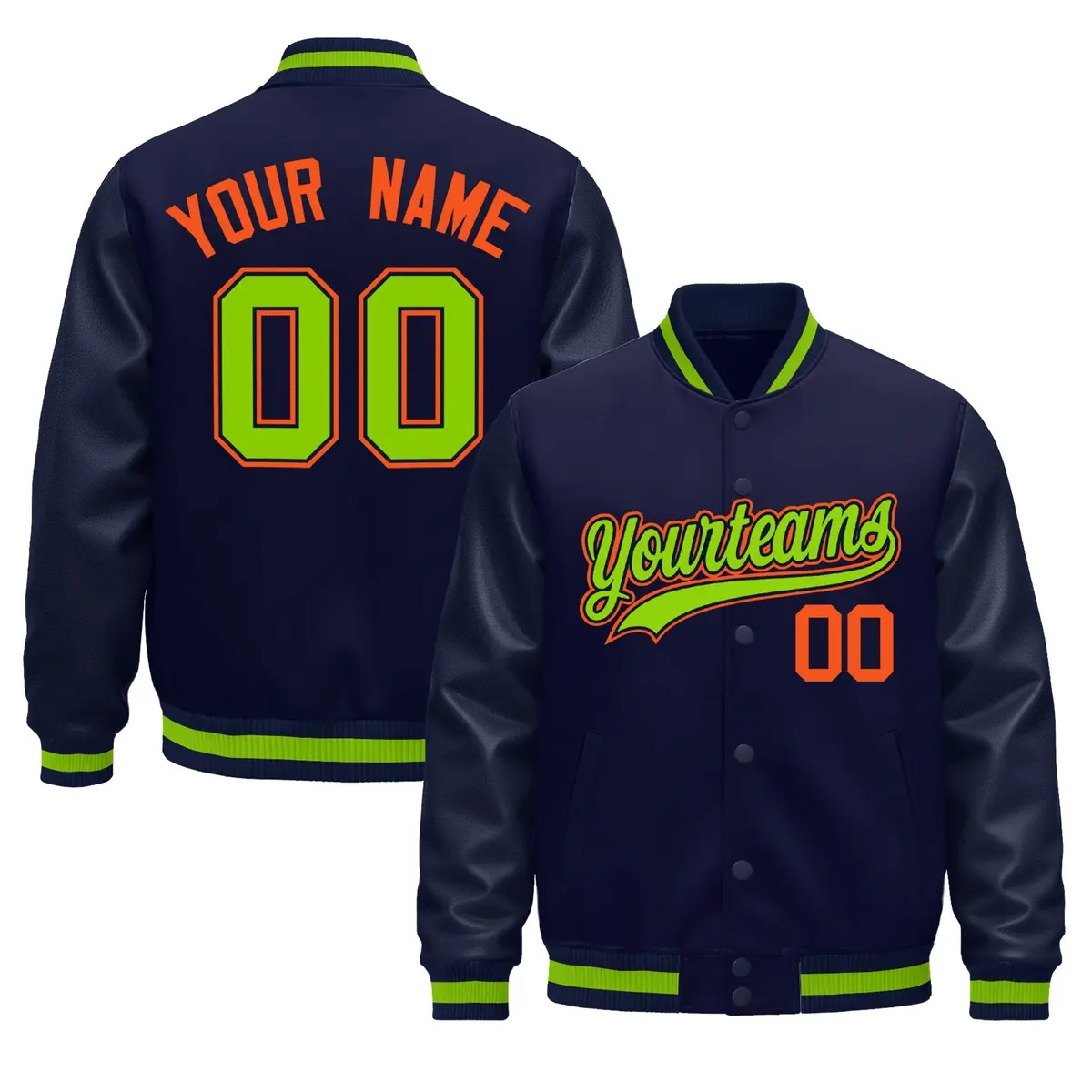 Navy Orange Varsity Jacket Leather Sleeves Wrinkle-Resistant