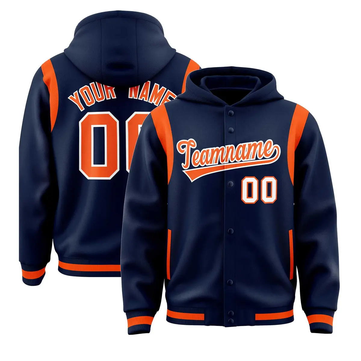 Navy Orange Varsity Letterman Shoulder Color Block Jacket Hoodie