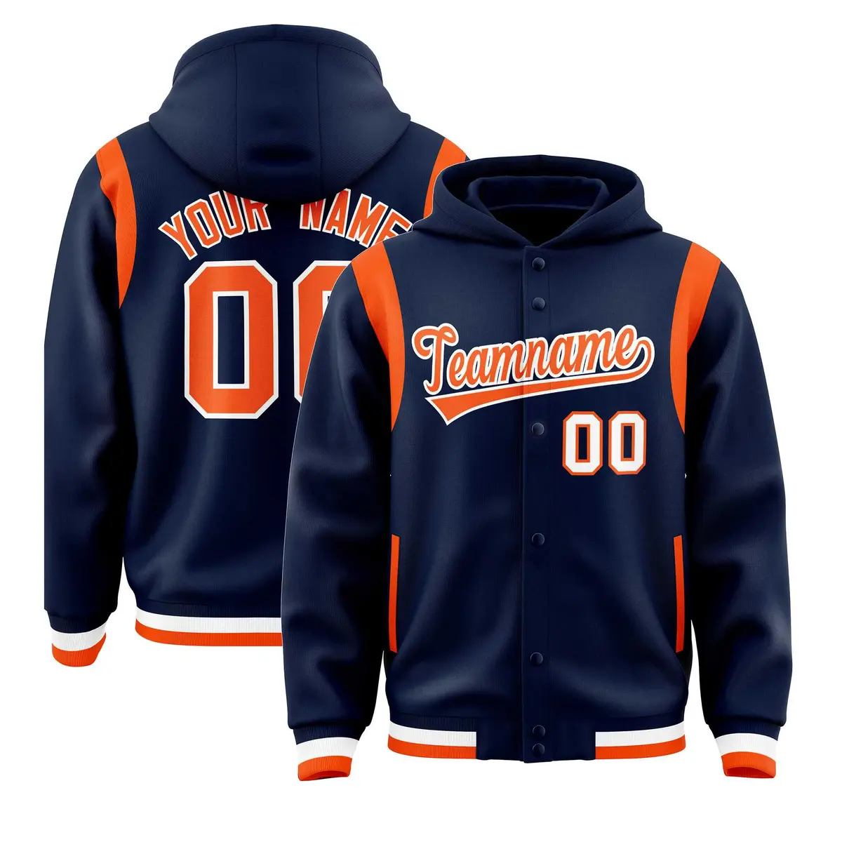 Navy Orange Varsity Letterman Shoulder Color Block Jacket Hoodie