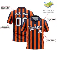 Navy Orange Vertical Stripes Performance Polo Shirt 2