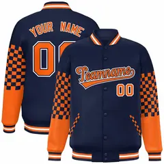 Navy Orange-White Checkered Color Block Bomber Varsity Jacket 1