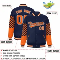 Navy Orange-White Checkered Color Block Bomber Varsity Jacket 2