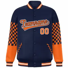 Navy Orange-White Checkered Color Block Bomber Varsity Jacket 3