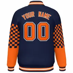 Navy Orange-White Checkered Color Block Bomber Varsity Jacket 4