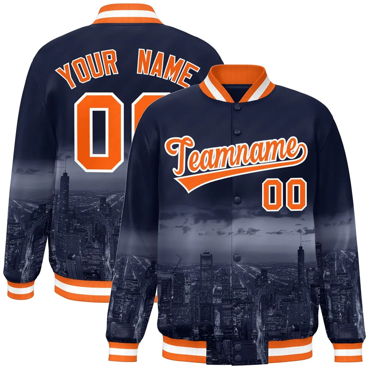 Navy Orange White Chicago City Skyline Varsity Full-Snap Jacket
