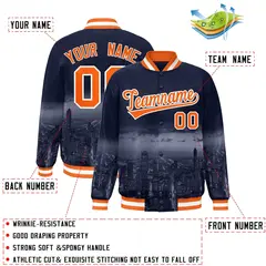Navy Orange White Chicago City Skyline Varsity Full-Snap Jacket 2