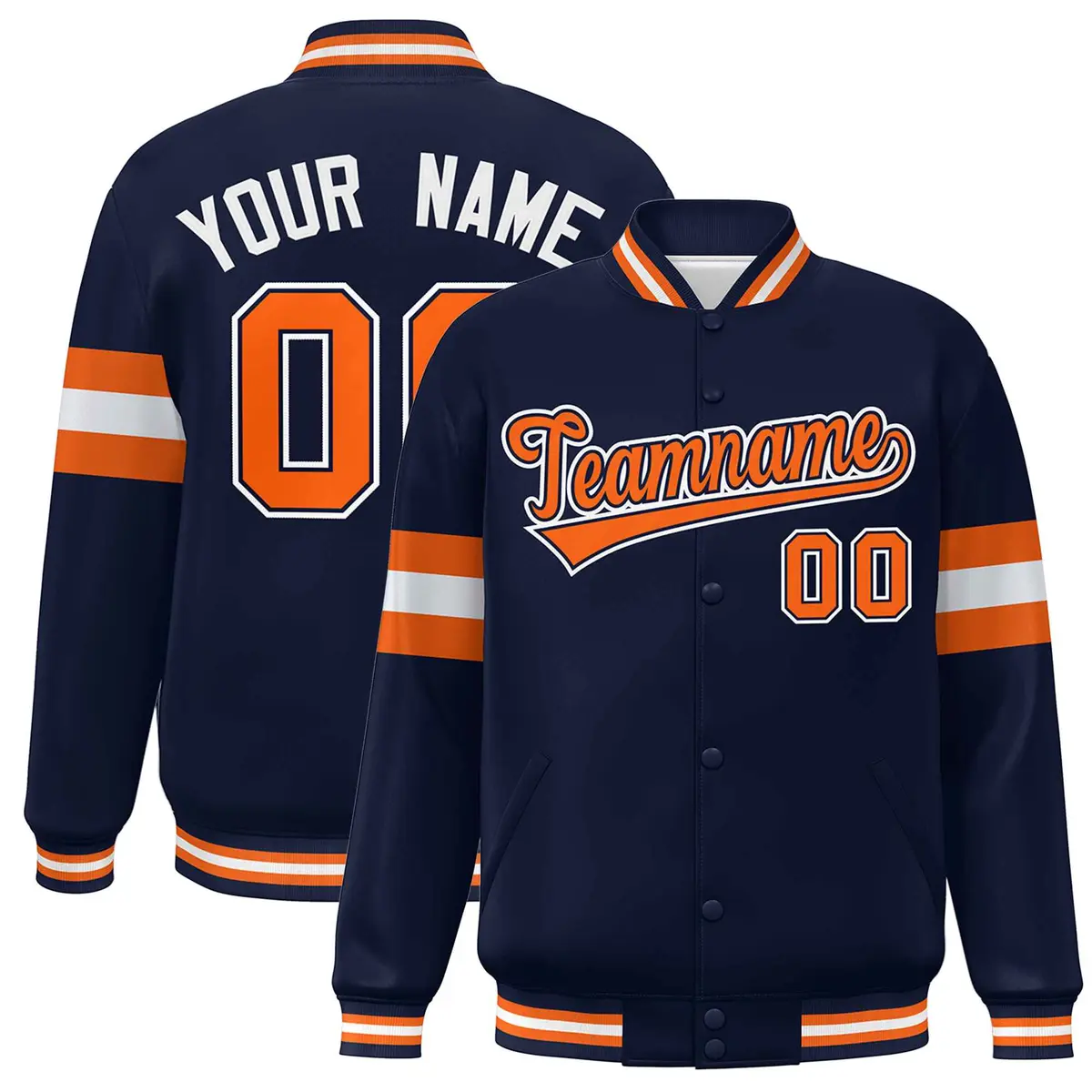 Navy Orange-White Color Block Full-Snap Varsity Baseball Bomber Jacket