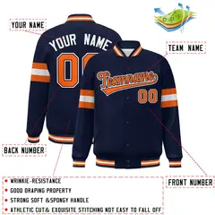 Navy Orange-White Color Block Full-Snap Varsity Baseball Bomber Jacket 2