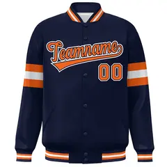 Navy Orange-White Color Block Full-Snap Varsity Baseball Bomber Jacket 3