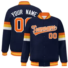 Navy Orange-White Color Block Full-Snap Varsity Baseball Bomber Jacket 1