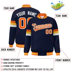 Navy Orange-White Color Block Full-Snap Varsity Baseball Bomber Jacket 2
