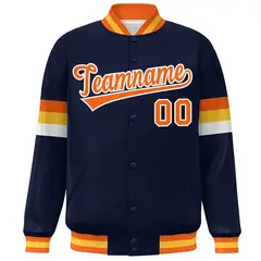 Navy Orange-White Color Block Full-Snap Varsity Baseball Bomber Jacket 3