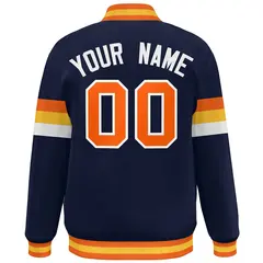 Navy Orange-White Color Block Full-Snap Varsity Baseball Bomber Jacket 4