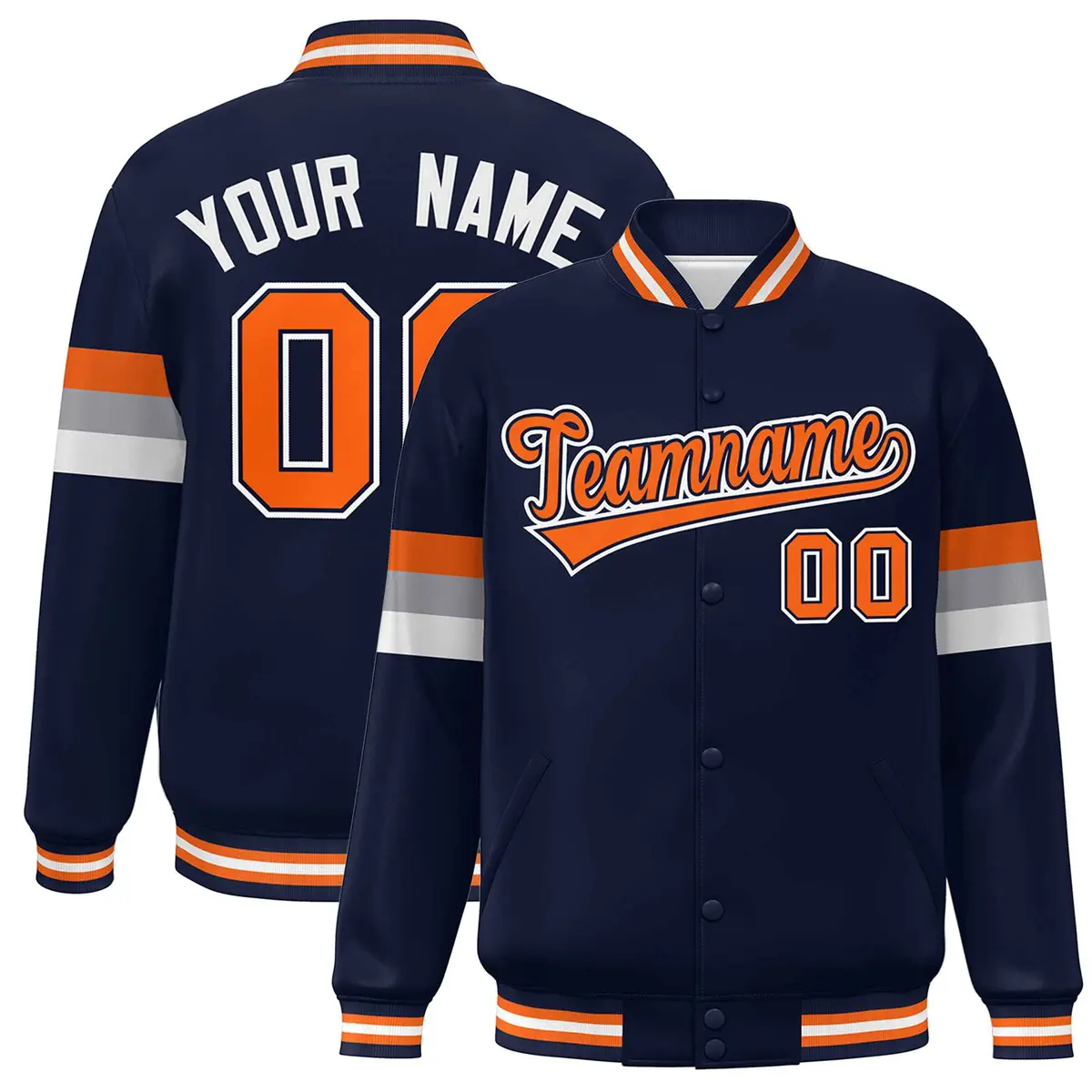 Navy Orange-White Color Block Full-Snap Varsity Baseball Bomber Jacket