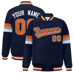 Navy Orange-White Color Block Full-Snap Varsity Baseball Bomber Jacket