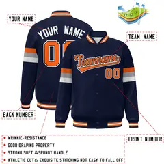 Navy Orange-White Color Block Full-Snap Varsity Baseball Bomber Jacket 2
