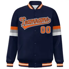 Navy Orange-White Color Block Full-Snap Varsity Baseball Bomber Jacket 3