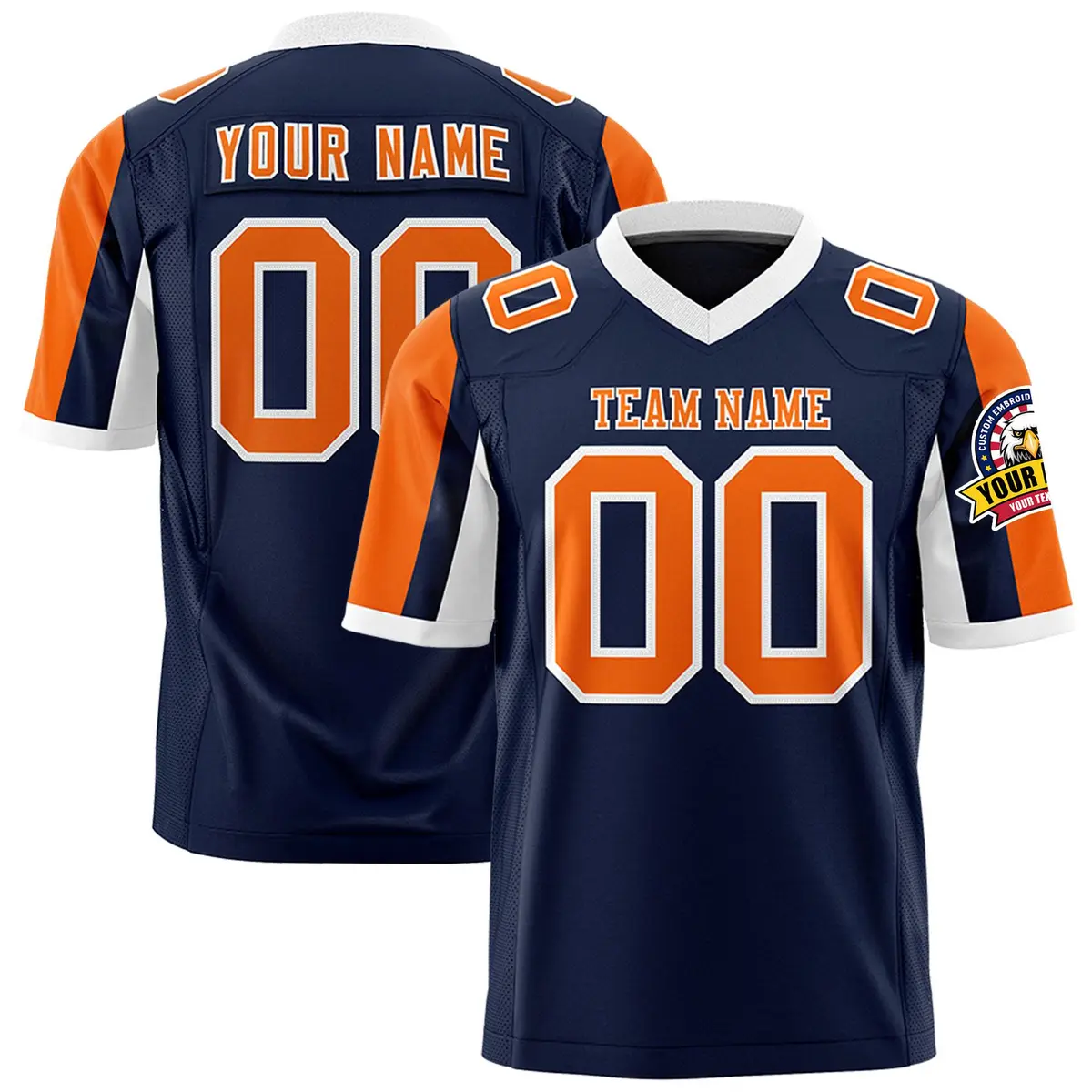 Navy Orange-White Color Block Raglan Sleeves Football Jersey