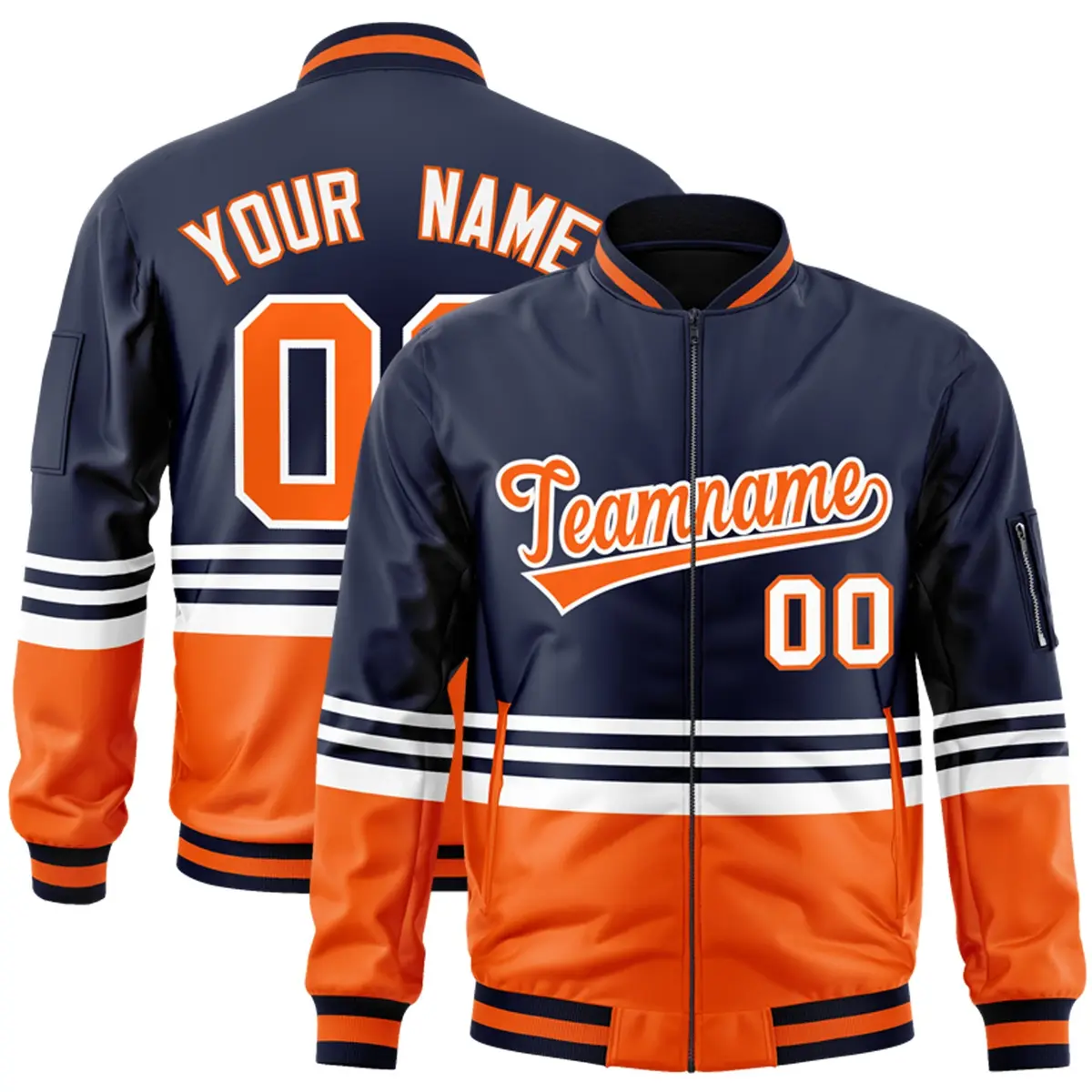 Navy Orange-White Color Block Varsity Letterman Bomber Jacket