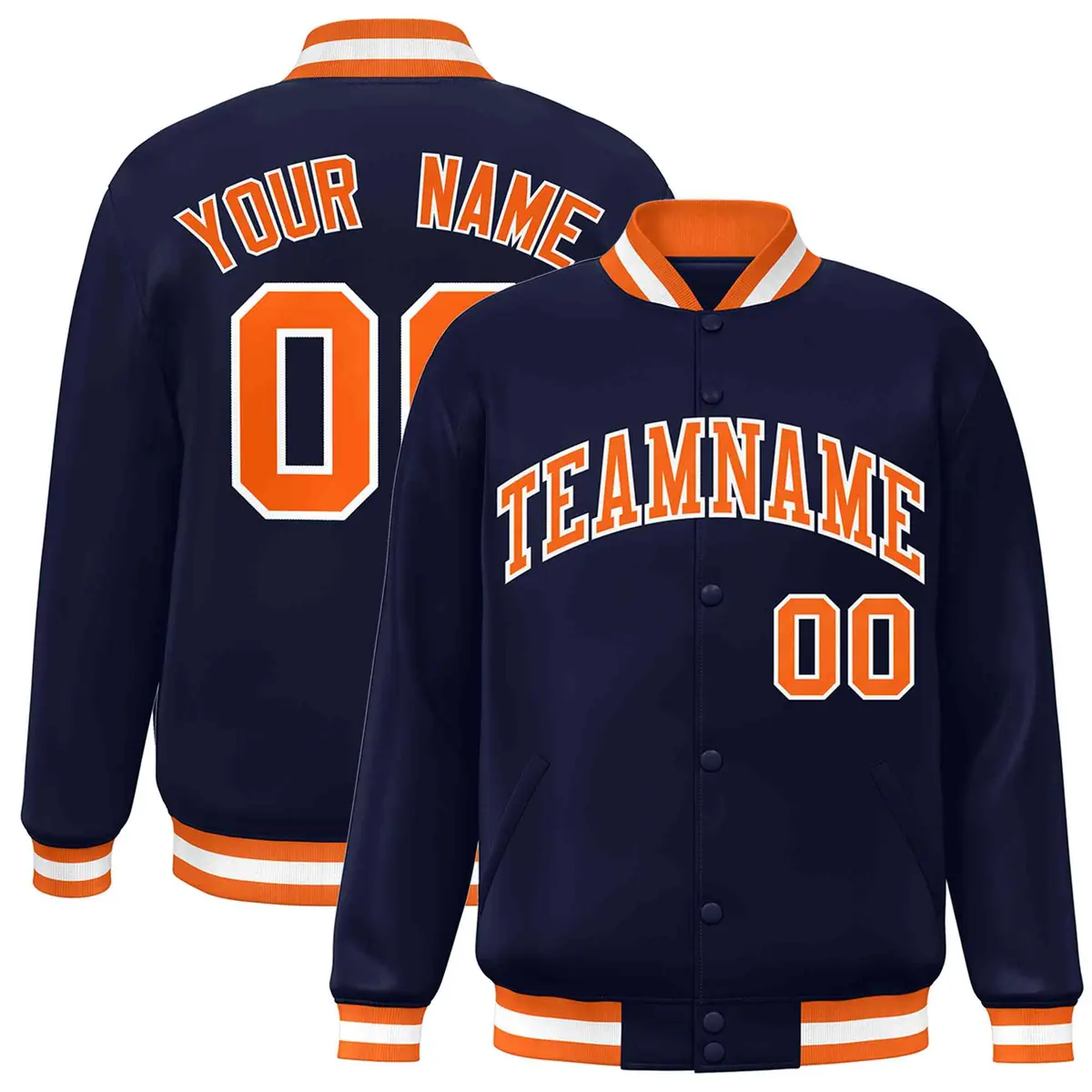 Navy Orange-White Full-Snap Varsity Letterman Jacket