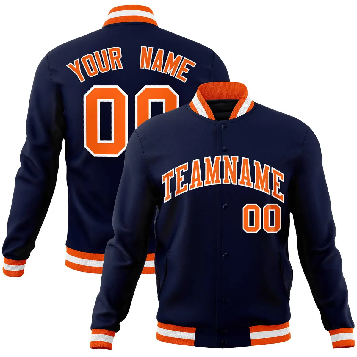 Navy Orange-White Full-Snap Varsity Letterman Jacket