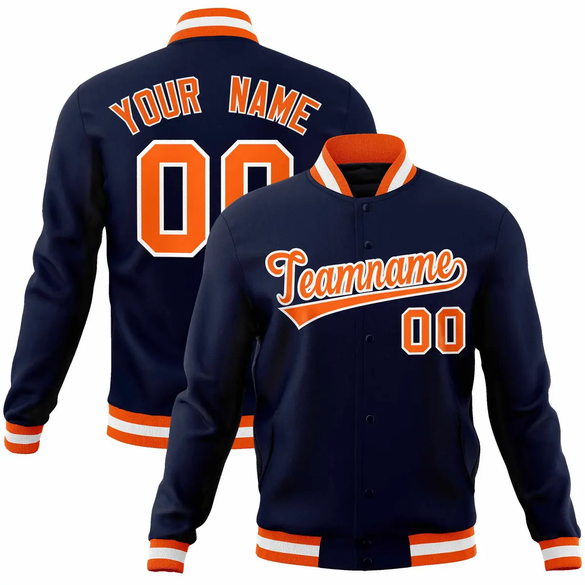 Navy Orange-White Full-Snap Varsity Letterman Jacket