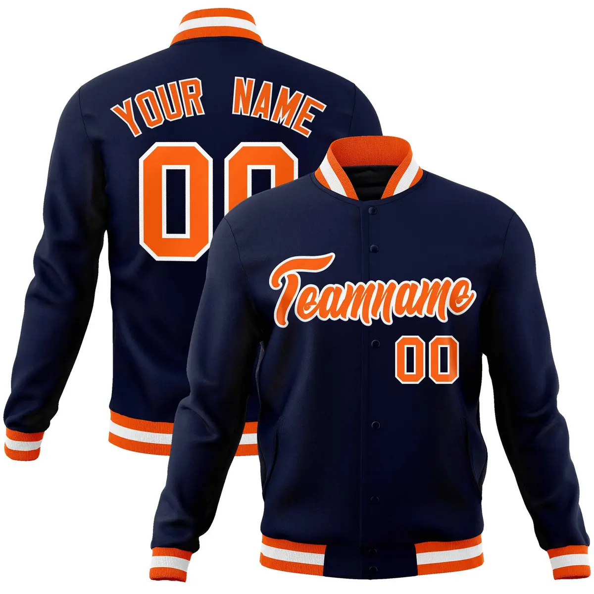 Navy Orange-White Full-Snap Varsity Letterman Jacket