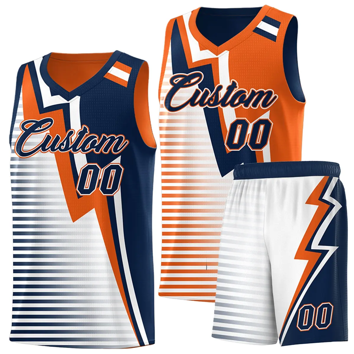 Navy Orange White Gradient Lightning Stripe Reversible Basketball Jersey