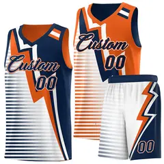 Navy Orange White Gradient Lightning Stripe Reversible Basketball Jersey