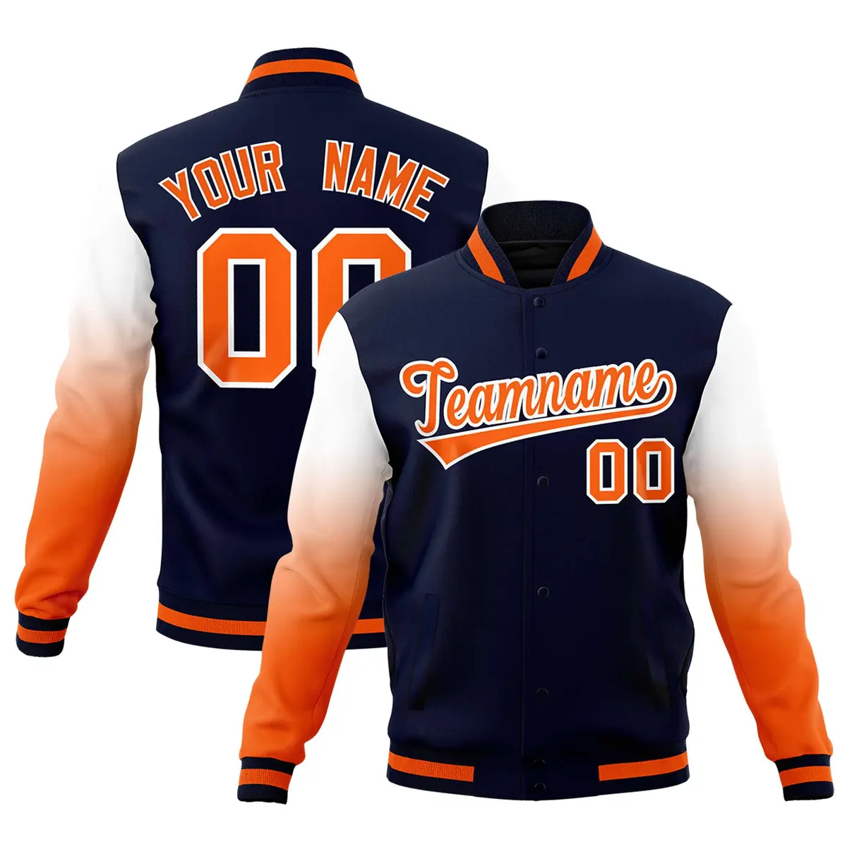 Navy Orange White Gradient Raglan Full-Snap Letterman Jacket