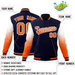 Navy Orange White Gradient Raglan Full-Snap Letterman Jacket 2