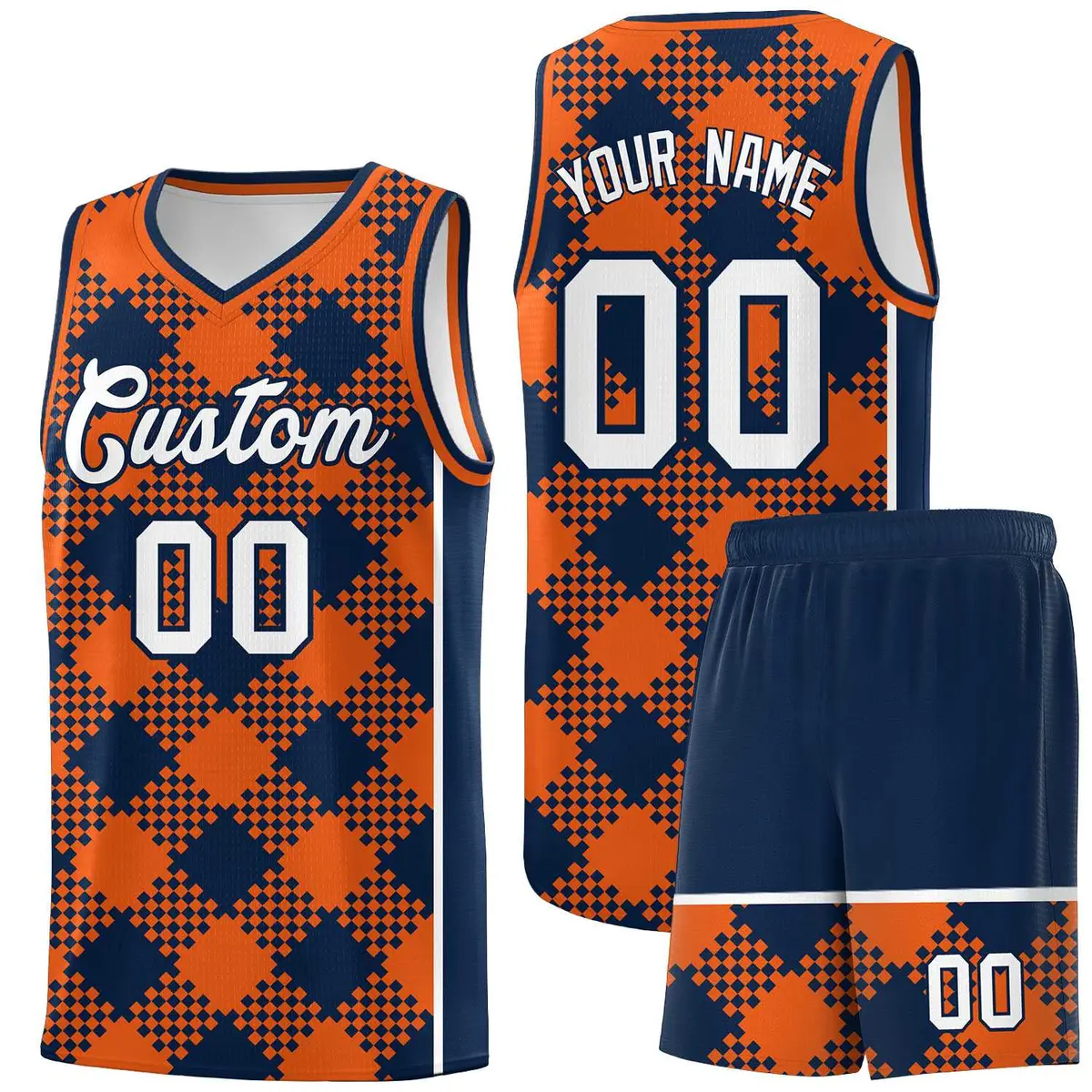 Navy Orange-White Grid Basketball Kits For Team