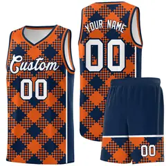 Navy Orange-White Grid Basketball Kits For Team