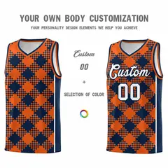 Navy Orange-White Grid Basketball Kits For Team 3