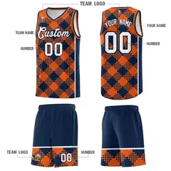 Navy Orange-White Grid Basketball Kits For Team 5