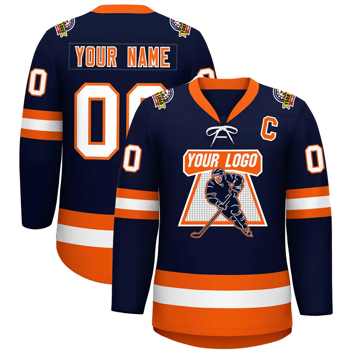 Navy Orange-White Lace-Up Neck Hockey Jersey