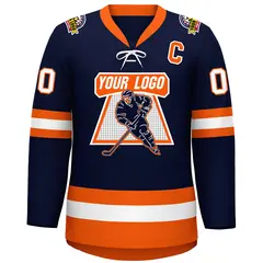 Navy Orange-White Lace-Up Neck Hockey Jersey 3