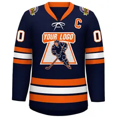 Navy Orange-White Lace-Up Neck Hockey Jersey 3