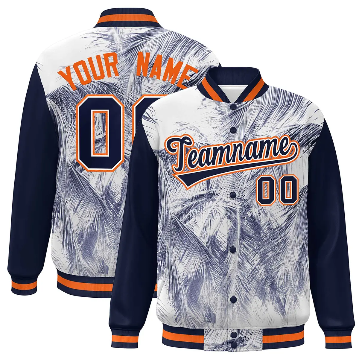 Navy Orange-White Maple Leaf Graffiti Raglan Bomber Varsity Jacket