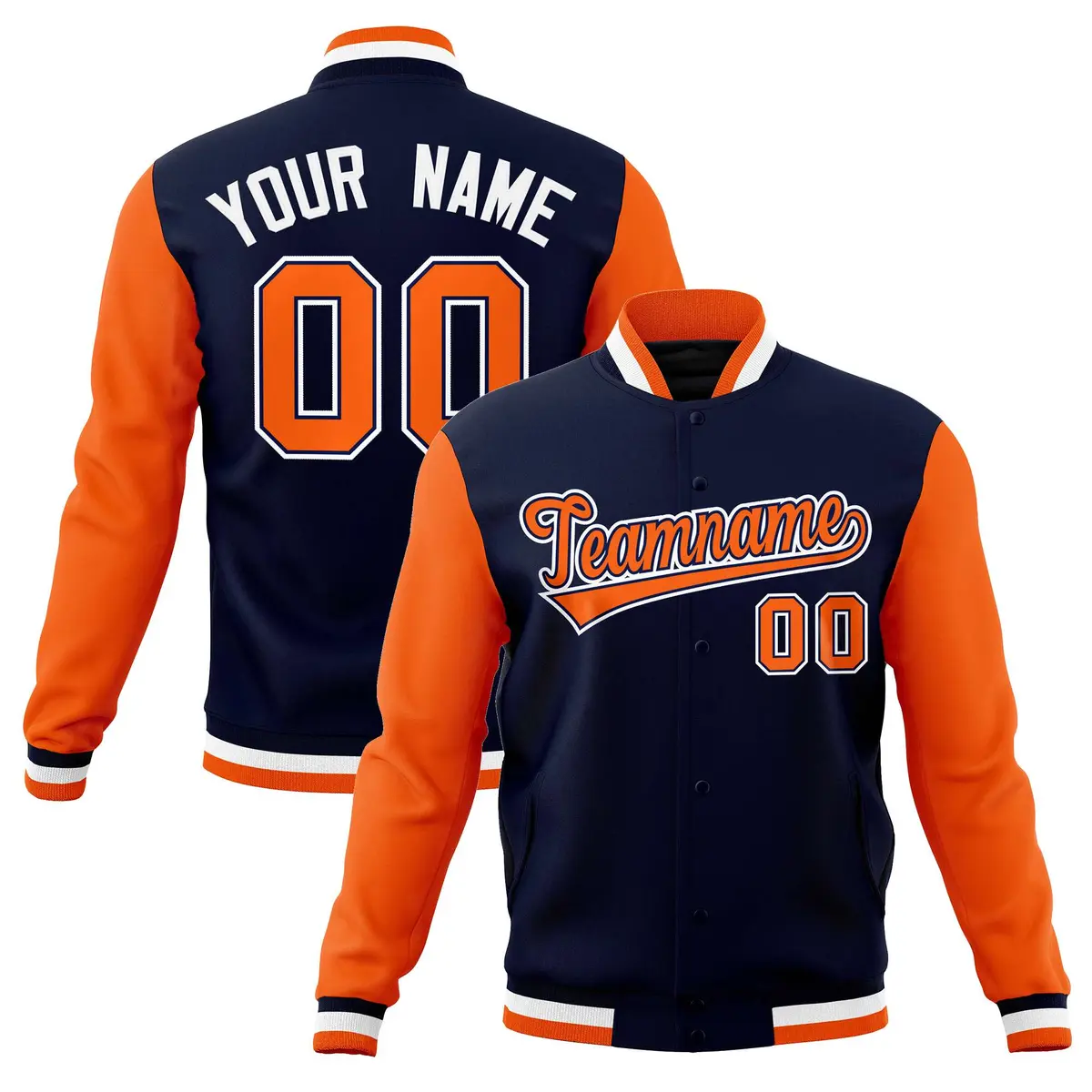 Navy Orange-White Raglan Sleeves Full-Snap Letterman Baseball Jacket