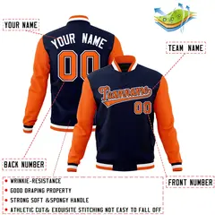 Navy Orange-White Raglan Sleeves Full-Snap Letterman Baseball Jacket 4