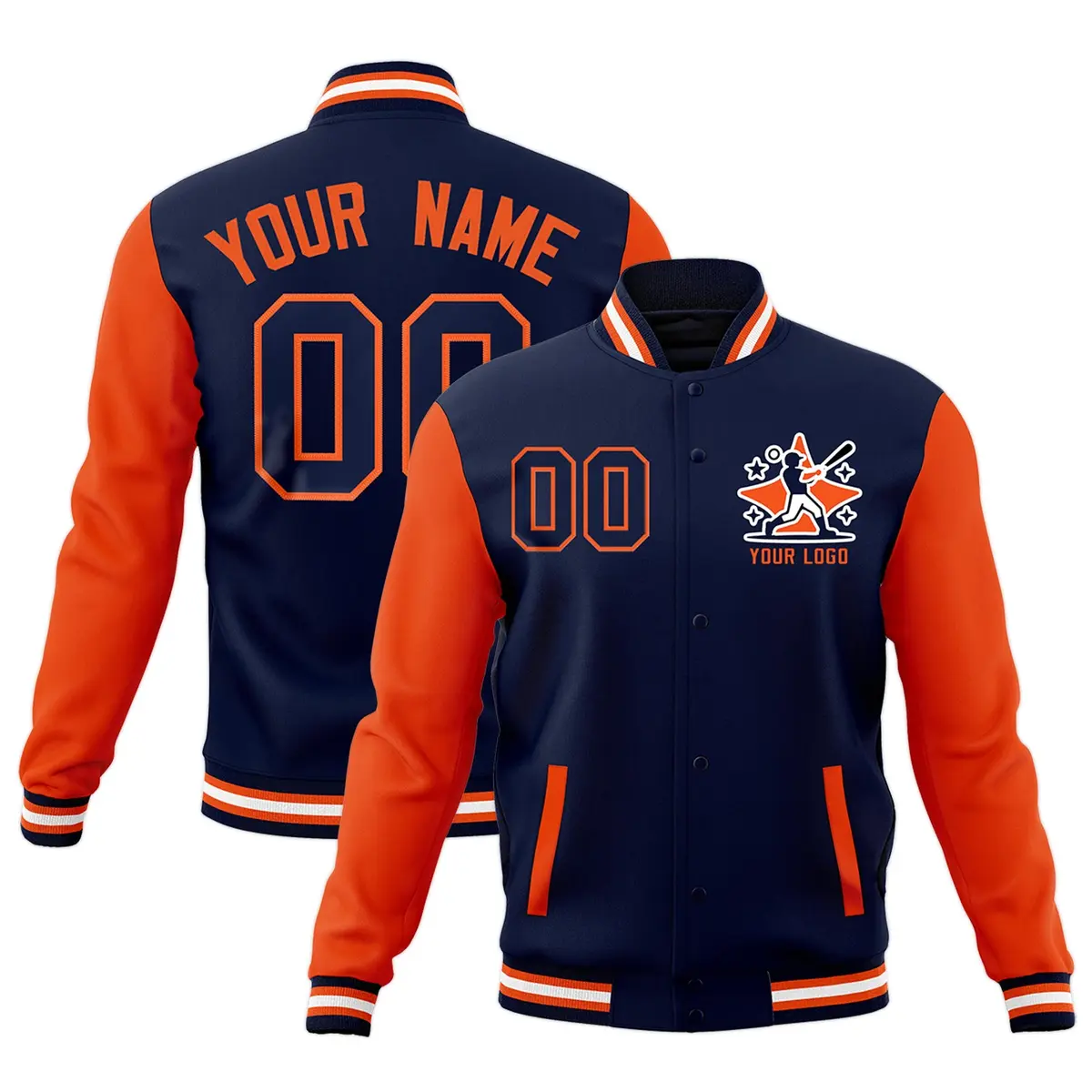 Navy Orange White Raglan Sleeves Full-Snap Letterman Cotton Jacket