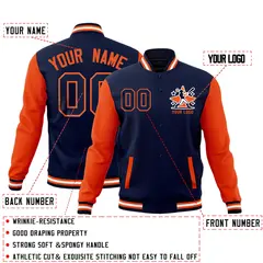 Navy Orange White Raglan Sleeves Full-Snap Letterman Cotton Jacket 2