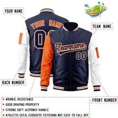 Navy Orange-White Raglan Sleeves Full-Zip Varsity Letterman Bomber Jacket 2