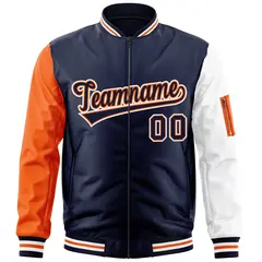 Navy Orange-White Raglan Sleeves Full-Zip Varsity Letterman Bomber Jacket 3