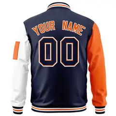 Navy Orange-White Raglan Sleeves Full-Zip Varsity Letterman Bomber Jacket 4