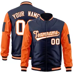 Navy Orange-White Raglan Sleeves Full-Zip Varsity Letterman Bomber Jacket 1