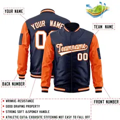 Navy Orange-White Raglan Sleeves Full-Zip Varsity Letterman Bomber Jacket 2