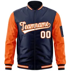 Navy Orange-White Raglan Sleeves Full-Zip Varsity Letterman Bomber Jacket 3